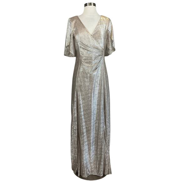 Adrianna Papell Metallic Short Sleeve Evening Gown Gold Size 8 V-Neck Formal - Picture 1 of 12